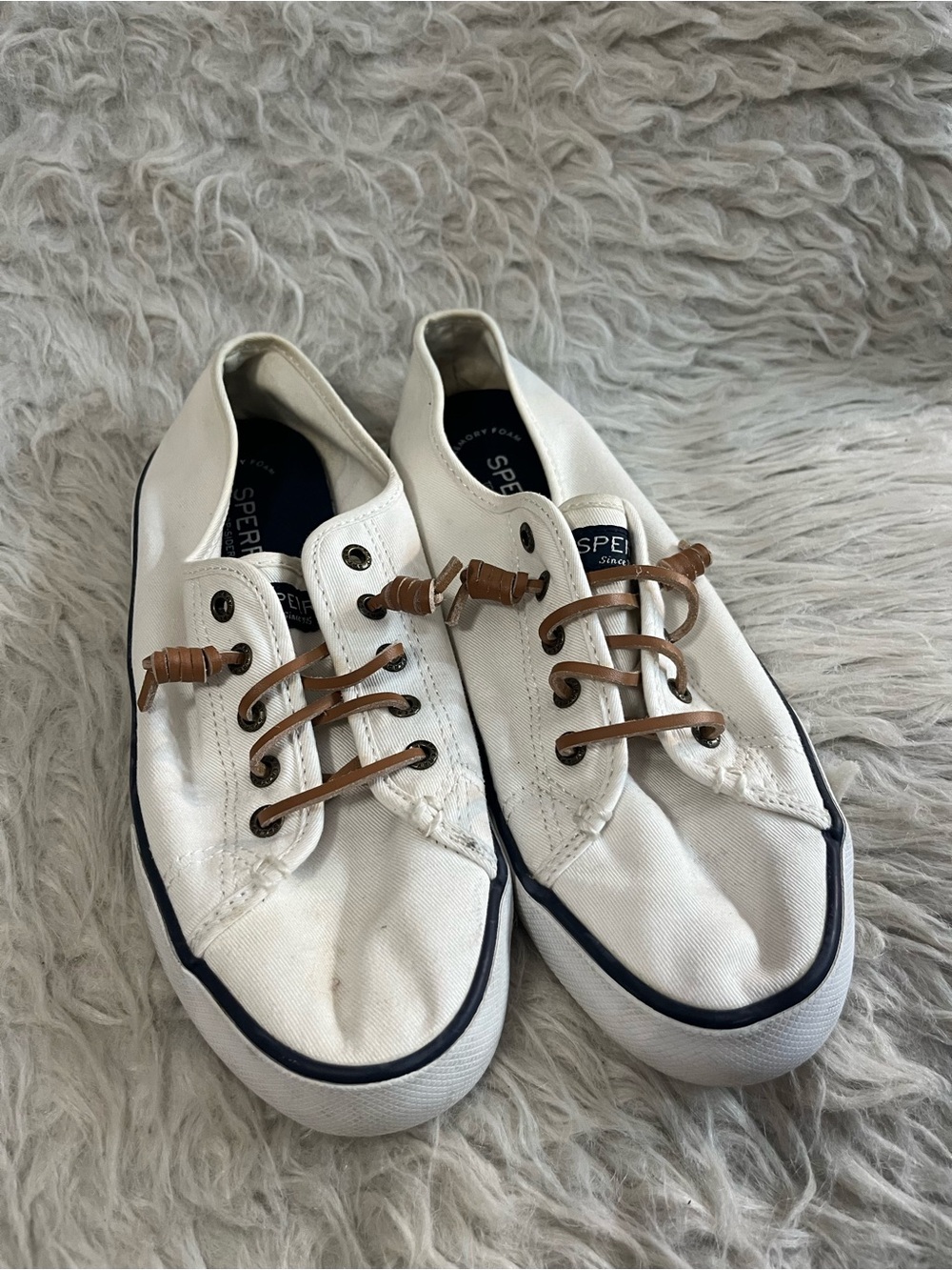 Sperry Women’s White Canvas Low-Top Sneakers with Brown Laces